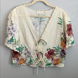 Ivory Floral Tie-Front Boho Blouse